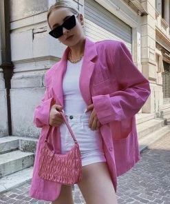 Trendy & Unique Bright Color Collared V Neck Long Sleeve Oversized Blazer - Hot Pink