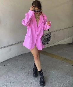Trendy & Unique Bright Color Collared V Neck Long Sleeve Oversized Blazer - Hot Pink