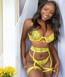 Trendy & Unique Bright Colored Garter Thong Floral Lace Underwire Bra Set - Yellow