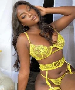 Trendy & Unique Bright Colored Garter Thong Floral Lace Underwire Bra Set - Yellow