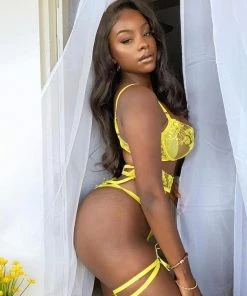 Trendy & Unique Bright Colored Garter Thong Floral Lace Underwire Bra Set - Yellow