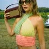 Trendy & Unique Candy Panel Crossed Halter Neck Knitted Crop Tank Top - Multicolor What's New