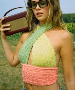 Trendy & Unique Candy Panel Crossed Halter Neck Knitted Crop Tank Top - Multicolor What's New