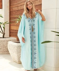 Trendy & Unique Casual Ethnic Print V Neck Batwing Sleeve Maxi Cover Up - Teal