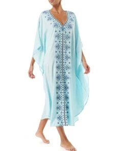 Trendy & Unique Casual Ethnic Print V Neck Batwing Sleeve Maxi Cover Up - Teal