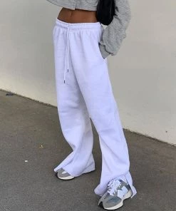 Trendy & Unique What's New Casual High Waist Drawstring Side Slip Wide Leg Pants - White