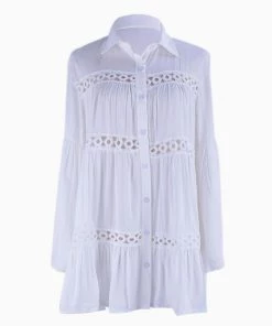 Trendy & Unique Casual Collared Long Sleeve Crochet Button Up Beach Cover Up - White