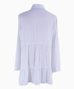 Trendy & Unique Casual Collared Long Sleeve Crochet Button Up Beach Cover Up - White