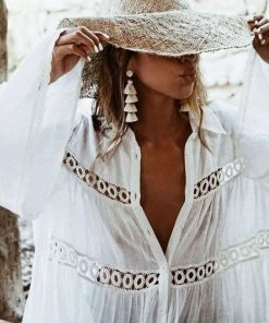 Trendy & Unique Casual Collared Long Sleeve Crochet Button Up Beach Cover Up - White