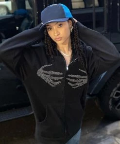 Trendy & Unique What's New Casual Rhinestone Skeleton Zip Front Long Sleeve Hoodie - Black
