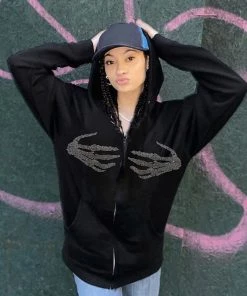 Trendy & Unique What's New Casual Rhinestone Skeleton Zip Front Long Sleeve Hoodie - Black