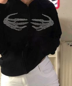 Trendy & Unique What's New Casual Rhinestone Skeleton Zip Front Long Sleeve Hoodie - Black