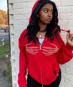 Trendy & Unique What's New Casual Rhinestone Skeleton Zip Front Long Sleeve Hoodie - Red