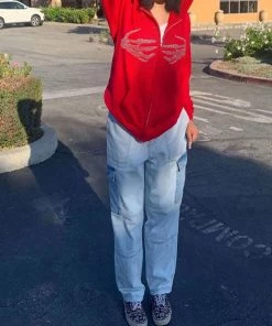 Trendy & Unique What's New Casual Rhinestone Skeleton Zip Front Long Sleeve Hoodie - Red