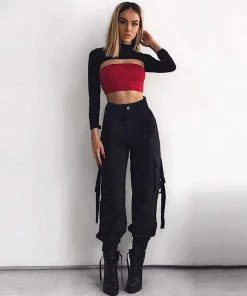 Trendy & Unique Casual Style Buckled Cargo Pocket High Waist Harem Pants - Black What's New