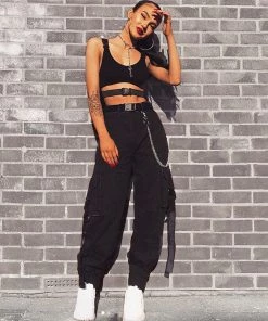 Trendy & Unique Casual Style Buckled Cargo Pocket High Waist Harem Pants - Black What's New