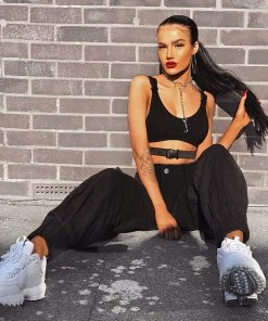 Trendy & Unique Casual Style Buckled Cargo Pocket High Waist Harem Pants - Black What's New