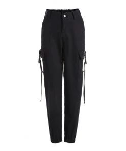 Trendy & Unique Casual Style Buckled Cargo Pocket High Waist Harem Pants - Black What's New