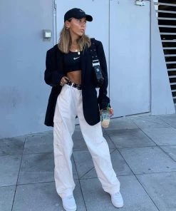 Trendy & Unique Casual Style Cargo Pocket High Waist Wide Leg Jeans - White