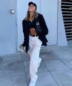 Trendy & Unique Casual Style Cargo Pocket High Waist Wide Leg Jeans - White