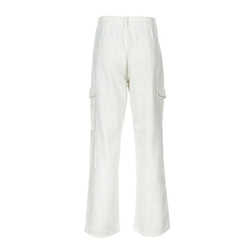 Trendy & Unique Casual Style Cargo Pocket High Waist Wide Leg Jeans - White 6 Trendy & Unique Casual Style Cargo Pocket High Waist Wide Leg Jeans - White