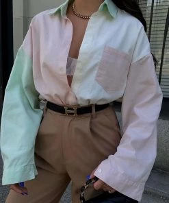 Trendy & Unique Casual Style Color Panel Long Sleeve Button Down Shirt - Multicolor