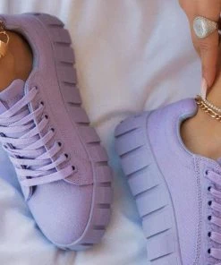 Trendy & Unique Casual Style Lace Up Ridged Trimmed Platform Sneakers - Purple