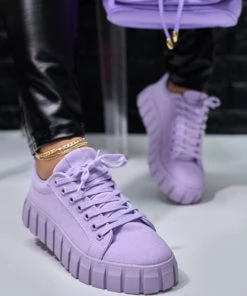 Trendy & Unique Casual Style Lace Up Ridged Trimmed Platform Sneakers - Purple
