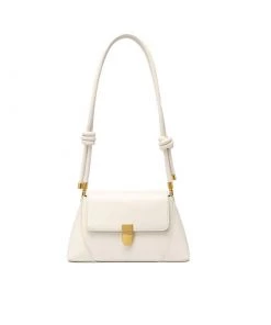 Trendy & Unique What's New Celebrity Gold Tone Buckled Flap Front Leather Baguette Bag - Beige
