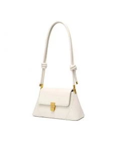 Trendy & Unique What's New Celebrity Gold Tone Buckled Flap Front Leather Baguette Bag - Beige