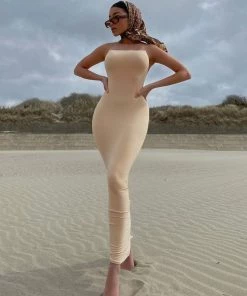 Trendy & Unique What's New Charming Crossed Backless Slit Bodycon Formal Maxi Dress - Beige