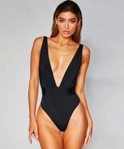 Trendy & Unique What's New Chic Belted Deep V Neck High Cut One Piece Swimsuit - Black