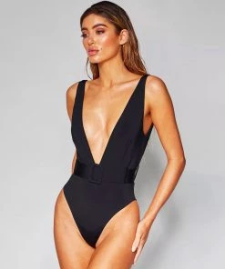 Trendy & Unique What's New Chic Belted Deep V Neck High Cut One Piece Swimsuit - Black