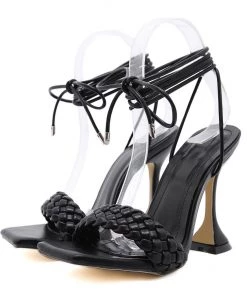 Trendy & Unique What's New Chic Braided Strap Square Toe Unique High Heel Sandals - Black