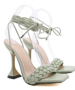Trendy & Unique Chic Braided Strap Square Toe Unique High Heel Sandals - Green
