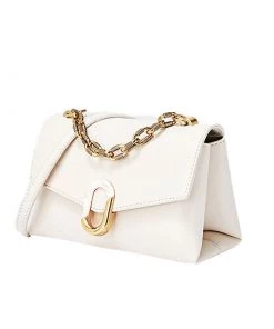 Trendy & Unique Chic Flap Front Buckled Chunky Chain Trim Crossbody Bag - Beige