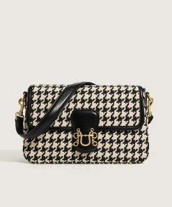 Trendy & Unique Chic Houndstooth Print Golden Flap Front Shoulder Bag - Black