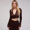 Trendy & Unique Chic Long Sleeve Tied Front Collared Mesh Crop Blouse - Coffee What's New