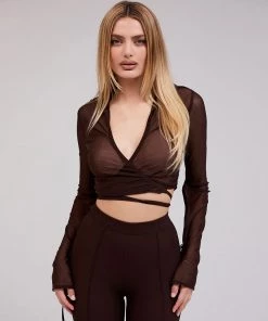 Trendy & Unique Chic Long Sleeve Tied Front Collared Mesh Crop Blouse - Coffee What's New