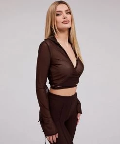 Trendy & Unique Chic Long Sleeve Tied Front Collared Mesh Crop Blouse - Coffee What's New