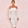 Trendy & Unique What's New Chic Off Shoulder Long Sleeve Ruched Mesh Cocktail Midi Dress - White 1 Trendy & Unique What's New Chic Off Shoulder Long Sleeve Ruched Mesh Cocktail Midi Dress - White