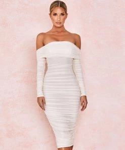 Trendy & Unique What's New Chic Off Shoulder Long Sleeve Ruched Mesh Cocktail Midi Dress - White