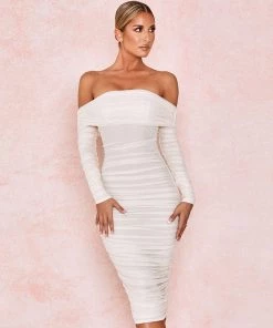 Trendy & Unique What's New Chic Off Shoulder Long Sleeve Ruched Mesh Cocktail Midi Dress - White