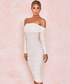 Trendy & Unique What's New Chic Off Shoulder Long Sleeve Ruched Mesh Cocktail Midi Dress - White 8 Trendy & Unique What's New Chic Off Shoulder Long Sleeve Ruched Mesh Cocktail Midi Dress - White