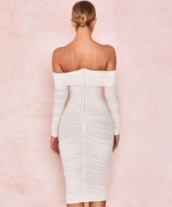 Trendy & Unique What's New Chic Off Shoulder Long Sleeve Ruched Mesh Cocktail Midi Dress - White 9 Trendy & Unique What's New Chic Off Shoulder Long Sleeve Ruched Mesh Cocktail Midi Dress - White