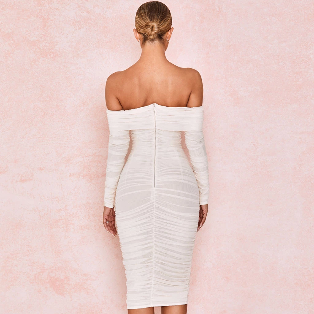 Trendy & Unique What's New Chic Off Shoulder Long Sleeve Ruched Mesh Cocktail Midi Dress - White 6 Trendy & Unique What's New Chic Off Shoulder Long Sleeve Ruched Mesh Cocktail Midi Dress - White