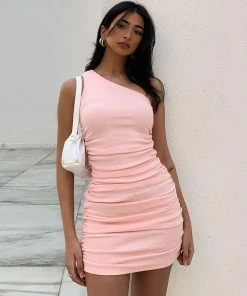 Trendy & Unique What's New Chic One Shoulder Sleeveless Ribbed Bodycon Ruched Mini Dress - Pink