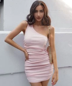 Trendy & Unique What's New Chic One Shoulder Sleeveless Ribbed Bodycon Ruched Mini Dress - Pink