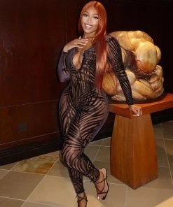 Trendy & Unique What's New Chic Palm Print Cut Out Scoop Neck Long Sleeve Mesh Jumpsuit - Coffee