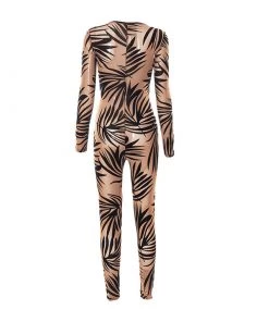 Trendy & Unique What's New Chic Palm Print Cut Out Scoop Neck Long Sleeve Mesh Jumpsuit - Coffee